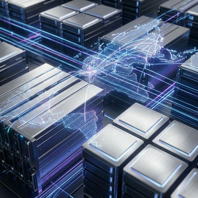 Abstract representation of high-speed global server infrastructure with glowing data streams